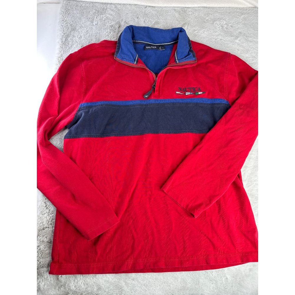 Nautica‎ Vintage Mens Red 1/4 Zip Logo Embroideredn Pullover Cotton Size Large